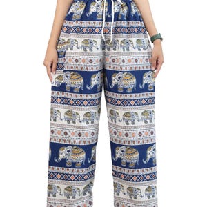 Elephant Print Lounge Pants: Soft Boho Yoga Trousers - Made in Thailand Blue-Hit
