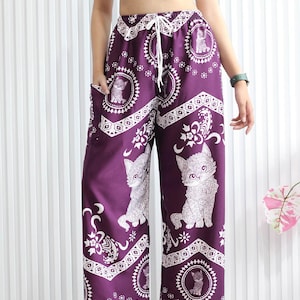Elephant Print Lounge Pants: Soft Boho Yoga Trousers - Made in Thailand Cat-Purple