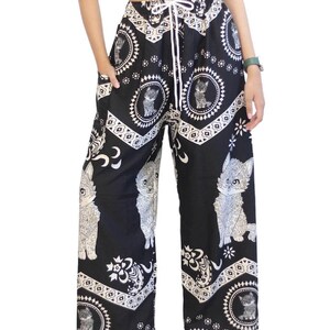 Elephant Print Lounge Pants: Soft Boho Yoga Trousers - Made in Thailand Cat-Black