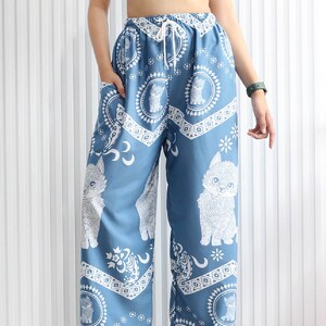 Elephant Print Lounge Pants: Soft Boho Yoga Trousers - Made in Thailand Cat-Blue