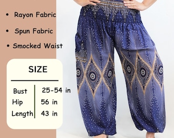 May include: Navy blue harem pants with a geometric pattern and smocked waist. The pants are made of rayon and spun fabric. Bust size is 25-54 inches, hip is 56 inches, and length is 43 inches. Features one side pocket.
