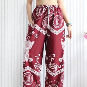 Elephant Print Lounge Pants: Soft Boho Yoga Trousers - Made in Thailand Cat-Red