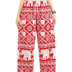 Elephant Print Lounge Pants: Soft Boho Yoga Trousers - Made in Thailand Red