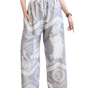 Elephant Print Lounge Pants: Soft Boho Yoga Trousers - Made in Thailand Cat-Gray