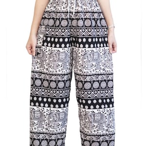 Elephant Print Lounge Pants: Soft Boho Yoga Trousers - Made in Thailand Black - Hit1