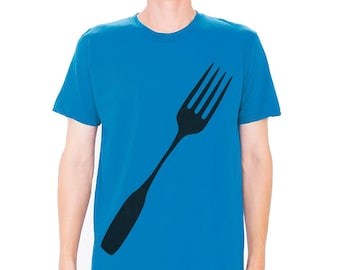 Teal Blue Food Lover Fork T Shirt Design Screen Print on American Apparel, Unique Graphic Tee for Men and Women, Pop Art Gifts for Him