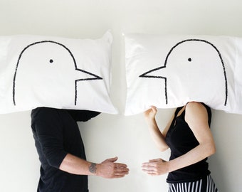 His Hers Love Birds Cotton Pillow Case Set - whimsical home decor engagement gifts - wedding gifts for couples - cotton 2nd anniversary gift