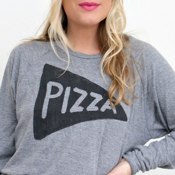Pizza Slice Long Sleeve Slouchy Pullover T Shirt Design, Lightweight Pizza Sweatshirt, trendy pizza graphic tee, screen printed clothing
