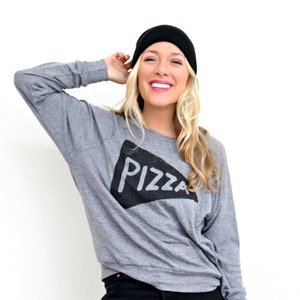 Pizza Slice Long Sleeve Slouchy Pullover T Shirt Design, Lightweight Pizza Sweatshirt, trendy pizza graphic tee, screen printed clothing image 2