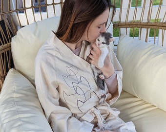 Cat Lady Bathrobe - Cotton Robe with Pockets - Animal Print Robe - Cat Mom Birthday Gift - Screen Printed Cat Art - Pet Parent Clothing