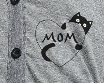 Black Long Sleeve Cat Heart Cardigan Pockets, Clothing Gift for Cat Mom, Cat Parent Clothing, cute cat shirt women, gift for her