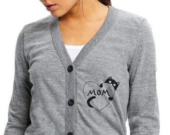 Cozy Cat Mom Cardigan with Pockets - Cute Cat Graphic Longsleeve Tshirt - Plus Size Women's Clothing - Pet Parent Clothing - Cat Mom Gift