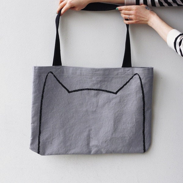 Handmade Canvas Tote Bag Cat Mom Gift | Large Market Beach Totes | Canvas Market Bags | Playful Printed Bags | Unique Market Tote Bag