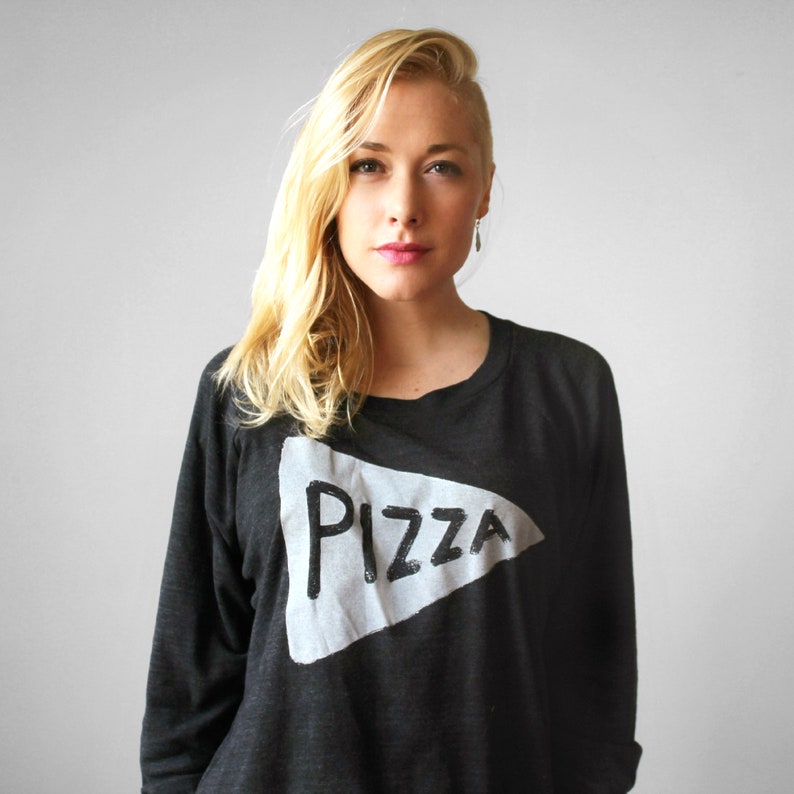 Pizza Slice Long Sleeve Slouchy Pullover T Shirt Design, Lightweight Pizza Sweatshirt, trendy pizza graphic tee, screen printed clothing image 3