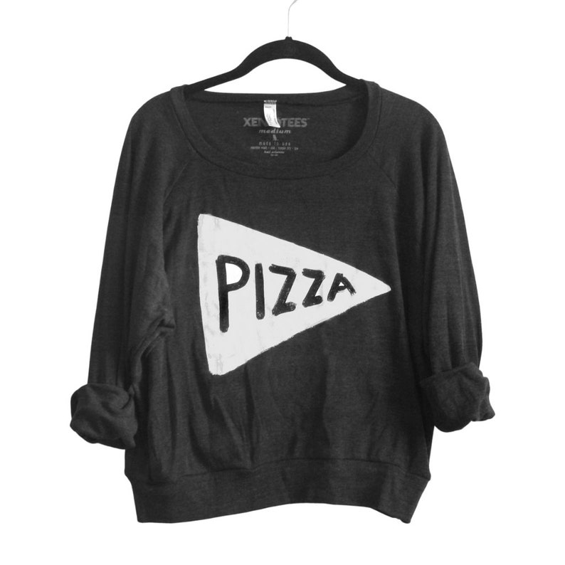 Pizza Slice Long Sleeve Slouchy Pullover T Shirt Design, Lightweight Pizza Sweatshirt, trendy pizza graphic tee, screen printed clothing Black