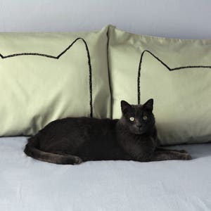 Green Made in the USA Cat Pillowcases with Grey Cat