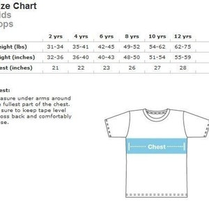 May include: Size chart for kids' tops, showing measurements in inches and pounds for ages 2 to 12 years. The chart includes weight, height, and chest measurements.