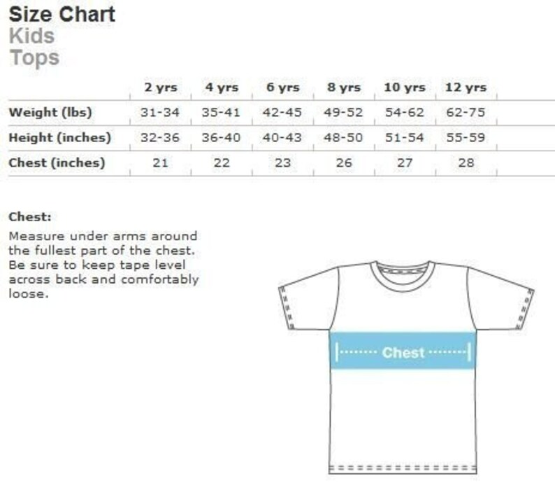 May include: Size chart for kids' tops, showing measurements in inches and pounds for ages 2 to 12 years. The chart includes weight, height, and chest measurements.