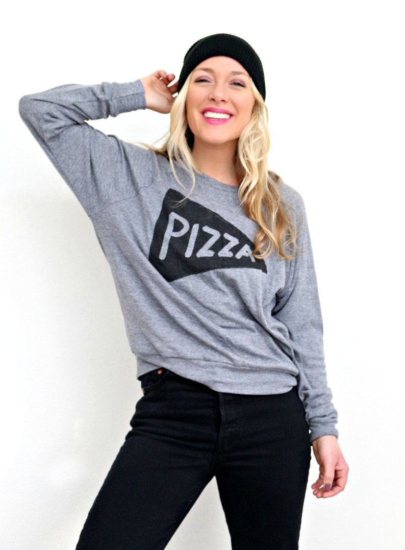 Pizza Slice Long Sleeve Slouchy Pullover T Shirt Design, Lightweight Pizza Sweatshirt, trendy pizza graphic tee, screen printed clothing image 2