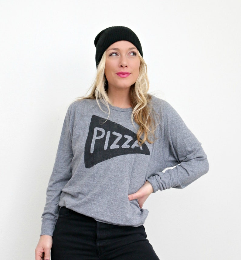 Pizza Slice Long Sleeve Slouchy Pullover T Shirt Design, Lightweight Pizza Sweatshirt, trendy pizza graphic tee, screen printed clothing image 1