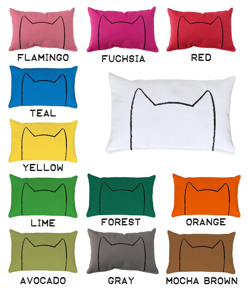 May include: A set of 12 decorative throw pillows with a cat face design in various colors, including flamingo, fuchsia, red, teal, yellow, lime, forest, orange, avocado, gray, and mocha brown.