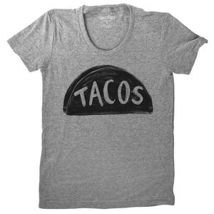 May include: Grey t-shirt with a black and white graphic of a taco with the word "TACOS" written on it.