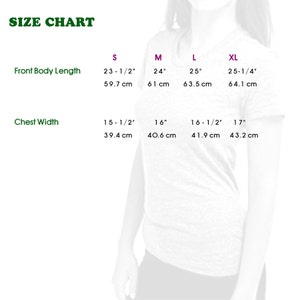 May include: Size chart for a t-shirt with measurements in inches and centimetres. The chart shows the front body length and chest width for sizes S, M, L, and XL.