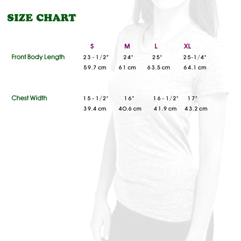 May include: Size chart for a t-shirt with measurements in inches and centimetres. The chart shows the front body length and chest width for sizes S, M, L, and XL.