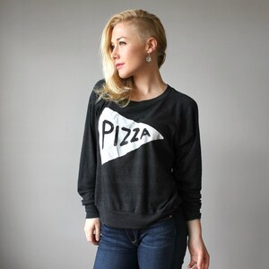 Pizza Slice Long Sleeve Slouchy Pullover T Shirt Design, Lightweight Pizza Sweatshirt, trendy pizza graphic tee, screen printed clothing image 7