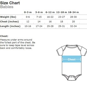May include: Size chart for baby clothes with measurements in inches and pounds for weight, chest, and length. The chart includes sizes from 0-3 months to 18-24 months. An illustration shows how to measure chest circumference.