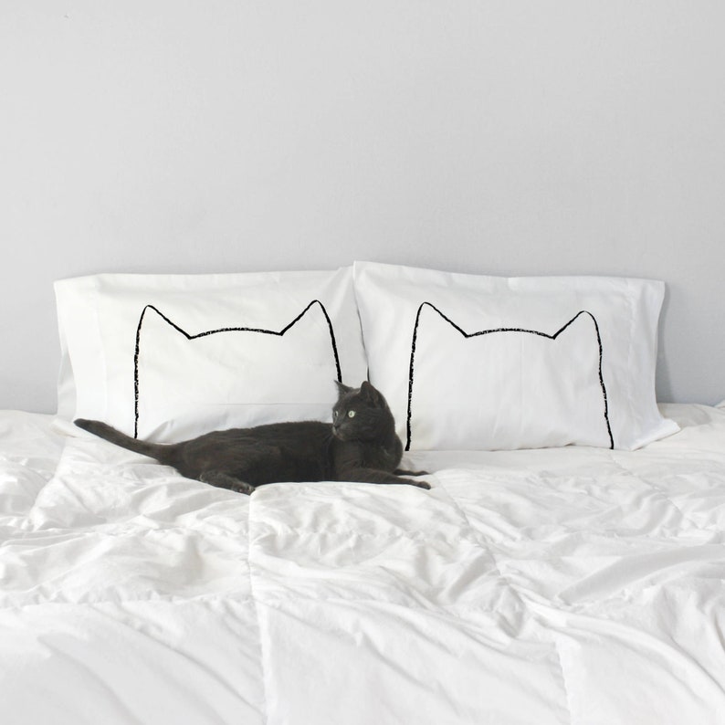 Catnap Kitty Cat Ears Cotton Pillowcase Gift Set by Xenotees, handmade home decor, housewarming gifts for pet cat parents 