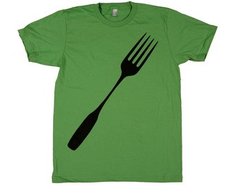 Green Food Lover Giant Fork T Shirt Design Screen Print on American Apparel, Unique Graphic Tee Men and Women, Pop Art Gift for Home Cook