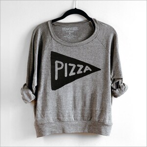 Pizza Slice Long Sleeve Slouchy Pullover T Shirt Design, Lightweight Pizza Sweatshirt, trendy pizza graphic tee, screen printed clothing Gray