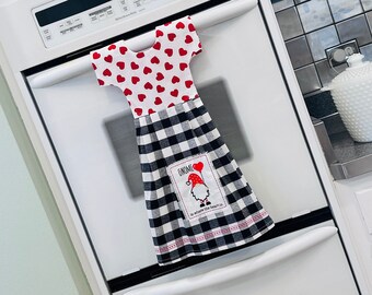 Gnome Heart Dish Towel Dress, Hanging Dish Towel, Tea Towel, Red White and Black Dishtowel Dress, Mom Gift, Kitchen Decor/ Klosti