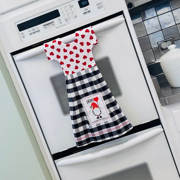 Gnome Heart Dish Towel Dress, Hanging Dish Towel, Tea Towel, Red White and Black Dishtowel Dress, Mom Gift, Kitchen Decor/ Klosti