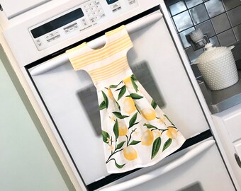 Lemon Kitchen Towel Dress, Hanging Dish Towel, Tea Towel / Yellow, Green & White Dishtowel Dress, Hostess Gift, Kitchen Decor/ Klosti