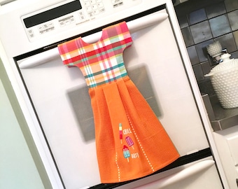 Popsicle Kitchen Towel Dress / Dish Towel Dress / Tea Towel Dress with Chill Out Embroidery in Orange & Madras Plaid by Klosti