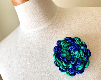 Upcycled Necktie Floral Pansy Brooch in Green and Blue - OOAK Fiber Art Pin/Corsage/Lapel Pin Upcycled Recycyled Repurposed by Klosti