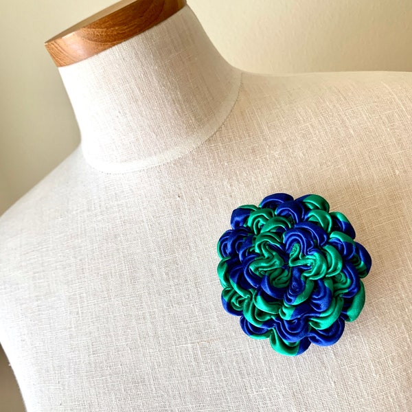 Upcycled Necktie Floral Pansy Brooch in Green and Blue - OOAK Fiber Art Pin/Corsage/Lapel Pin Upcycled Recycyled Repurposed by Klosti