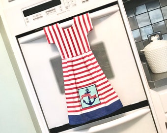 Anchors Away Dishtowel Dress, USA Hanging Kitchen Dish Towel, Nautical Tea Towel Dress in Red & White, Hostess Gift, Kitchen Decor - Klosti