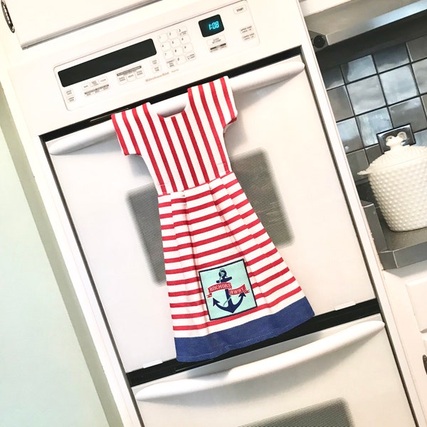 Anchors Away Dishtowel Dress, USA Hanging Kitchen Dish Towel, Nautical Tea Towel Dress in Red & White, Hostess Gift, Kitchen Decor - Klosti