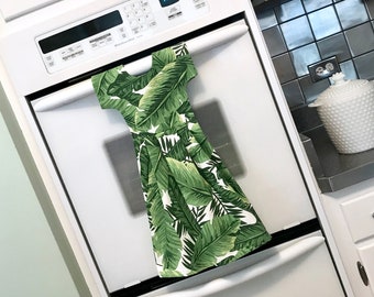 Tropical Decor Dishtowel Kitchen Towel Dress, Hanging Dish Towel, Tea Towel, Green Monstera Leaves, Hostess Gift, Kitchen Decor by Klosti