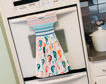 Seahorse Hanging Dishtowel Dress / Coastal Decor Tea Towel / Kitchen Towel / Gift for Her / Mothers Day Gift / Kitchen Decor by Klosti