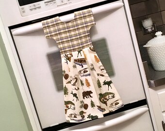 Cabin Decor Kitchen Towel Dress /Lodge Dish Towel Dress / Tea Towel Oven Dress / Cream with Green, Brown and Blue / Kitchen Decor