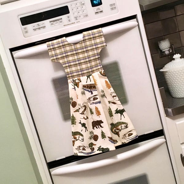 Cabin Decor Kitchen Towel Dress /Lodge Dish Towel Dress / Tea Towel Oven Dress / Cream with Green, Brown and Blue / Kitchen Decor