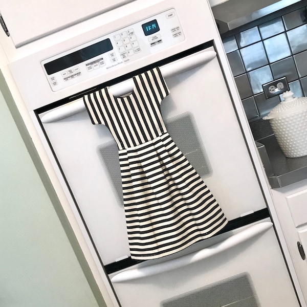 Black and White Stripe Dish Towel Dress, Hanging Dish Towel, Tea Towel,  Dishtowel Dress, Hostess Gift, Kitchen Decor/ Klosti