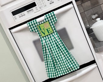 Irish Love St Patricks Day Shamrock Dishtowel Dress / Hanging Dish Towel in Green and White Gingham Plaid by Klosti