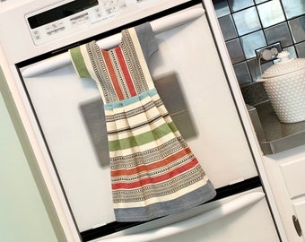 Dish Towel Dress, Colorful Striped Hanging Kitchen Dishtowel, Tea Towel in Blue, Red, Green & Black - Hostess Gift, Kitchen Decor - Klosti