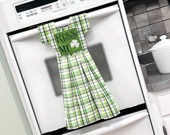 Kiss Me Irish St Patricks Day Shamrock Kitchen Towel Dress / Hanging Dish Towel in Green and White Plaid by Klosti