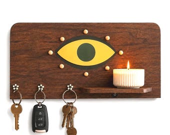 Walnut Wood Wall Key Holder with Shelf, Evil Eye Key Rack, Entryway Organizer, Handmade Wooden Key Hanger, Boho Home Decor (15.7x7.8 in)